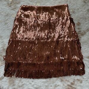 Anthropologie Copper Sequin Tiered Fringe Mini Skirt - Holiday Party Ready